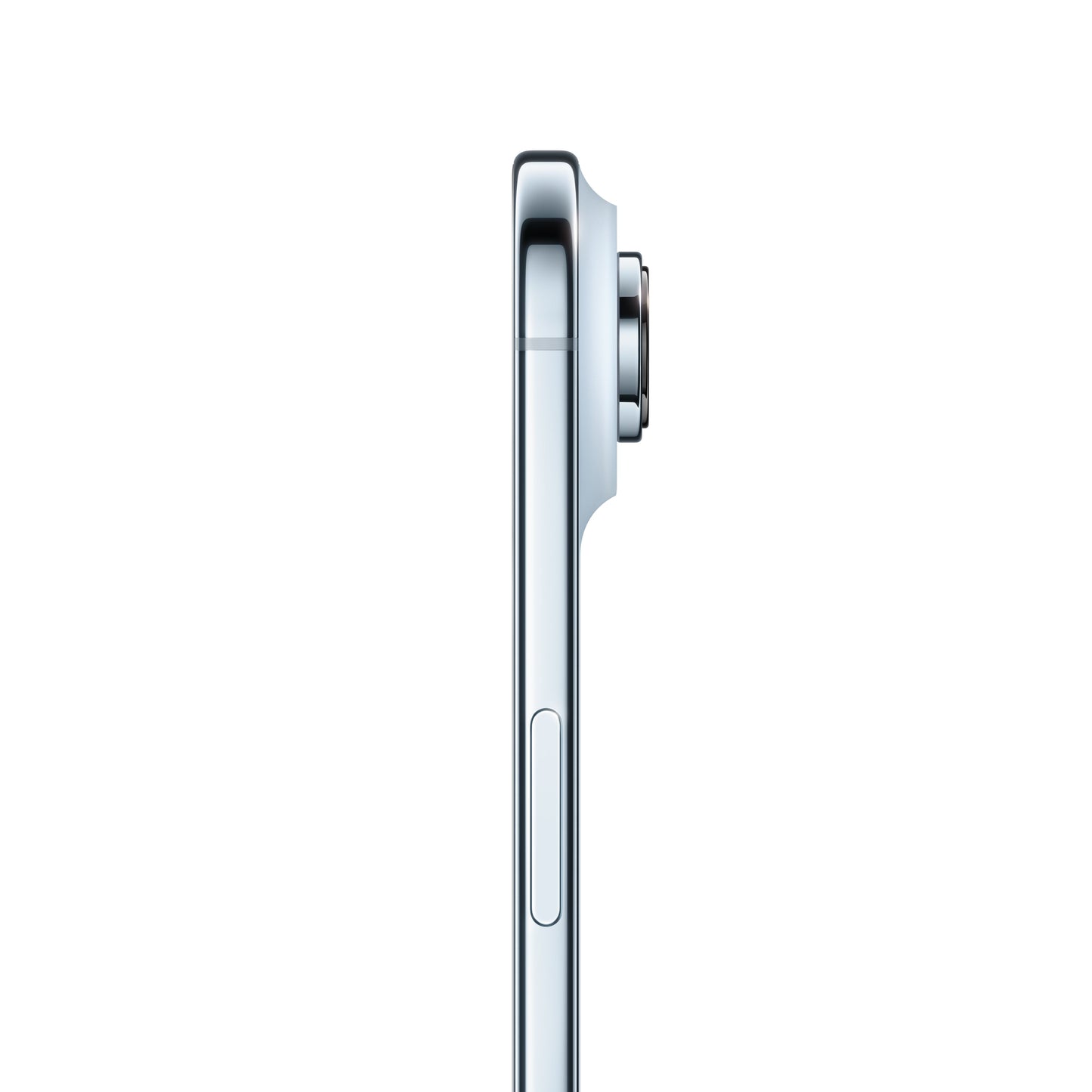 A profile side view of the light blue iPhone Air, highlighting its ultra-slim chassis, polished cool-toned metal frame, side button, and the distinct protrusion of the horizontal camera plateau and single lens on the rear.