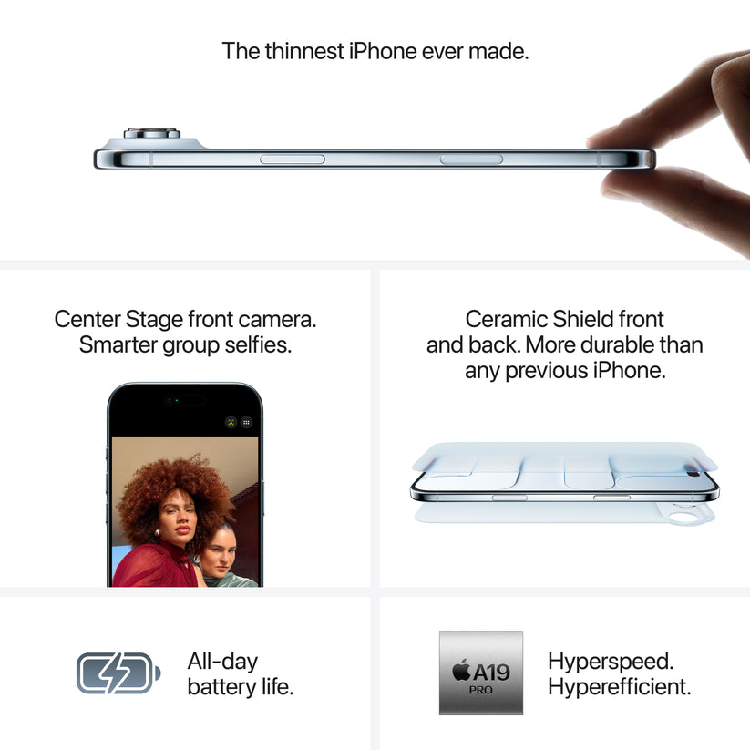 A promotional feature graphic for the iPhone Air divided into four sections: a top banner showing a hand holding the profile of the ultra-slim device with the text "The thinnest iPhone ever made," followed by panels highlighting the Center Stage front camera, Ceramic Shield front and back, all-day battery life, and the A19 Pro chip.