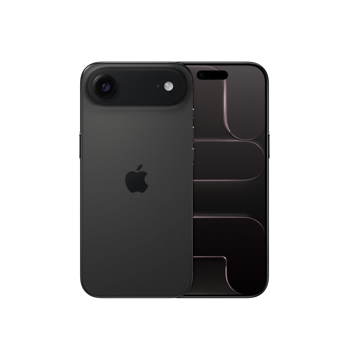 A dark-colored smartphone displayed from both the front and back, featuring a horizontal camera "plateau" bar across the upper rear housing a single camera lens, a microphone hole, and a flash, alongside a centered Apple logo and a front display featuring the Dynamic Island and an abstract geometric dark wallpaper.