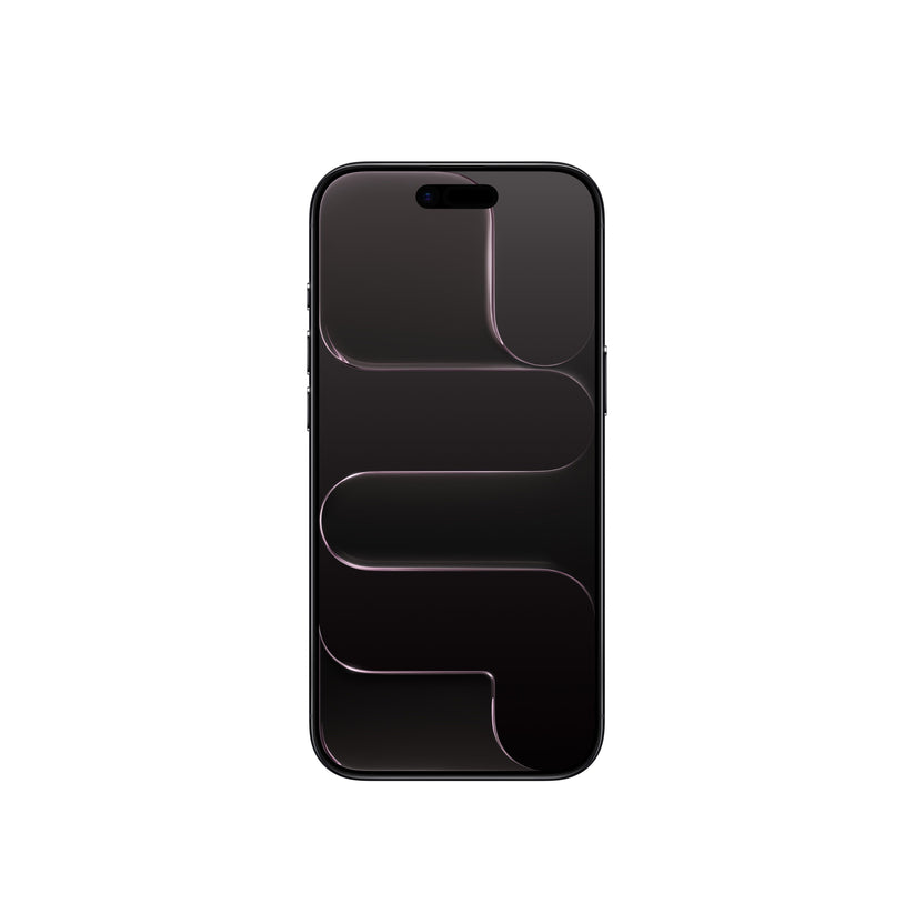 A front-facing view of the dark-colored iPhone Air smartphone, showcasing an all-screen display with slim bezels, the Dynamic Island pill-shaped cutout at the top, and a dark abstract geometric wallpaper with subtle rose-tinted edges.