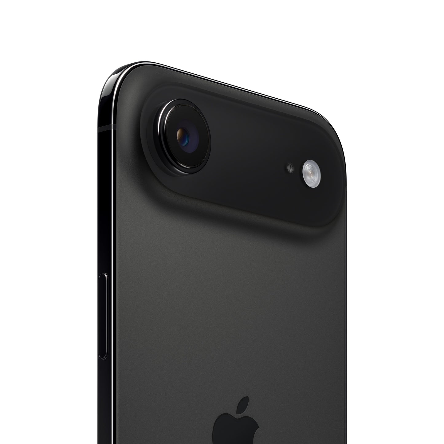 A close-up view of the dark iPhone Air, highlighting the upper-rear horizontal camera plateau housing the single protruding camera lens, microphone hole, and flash, along with the dark metal frame, side button, and the top portion of the Apple logo.