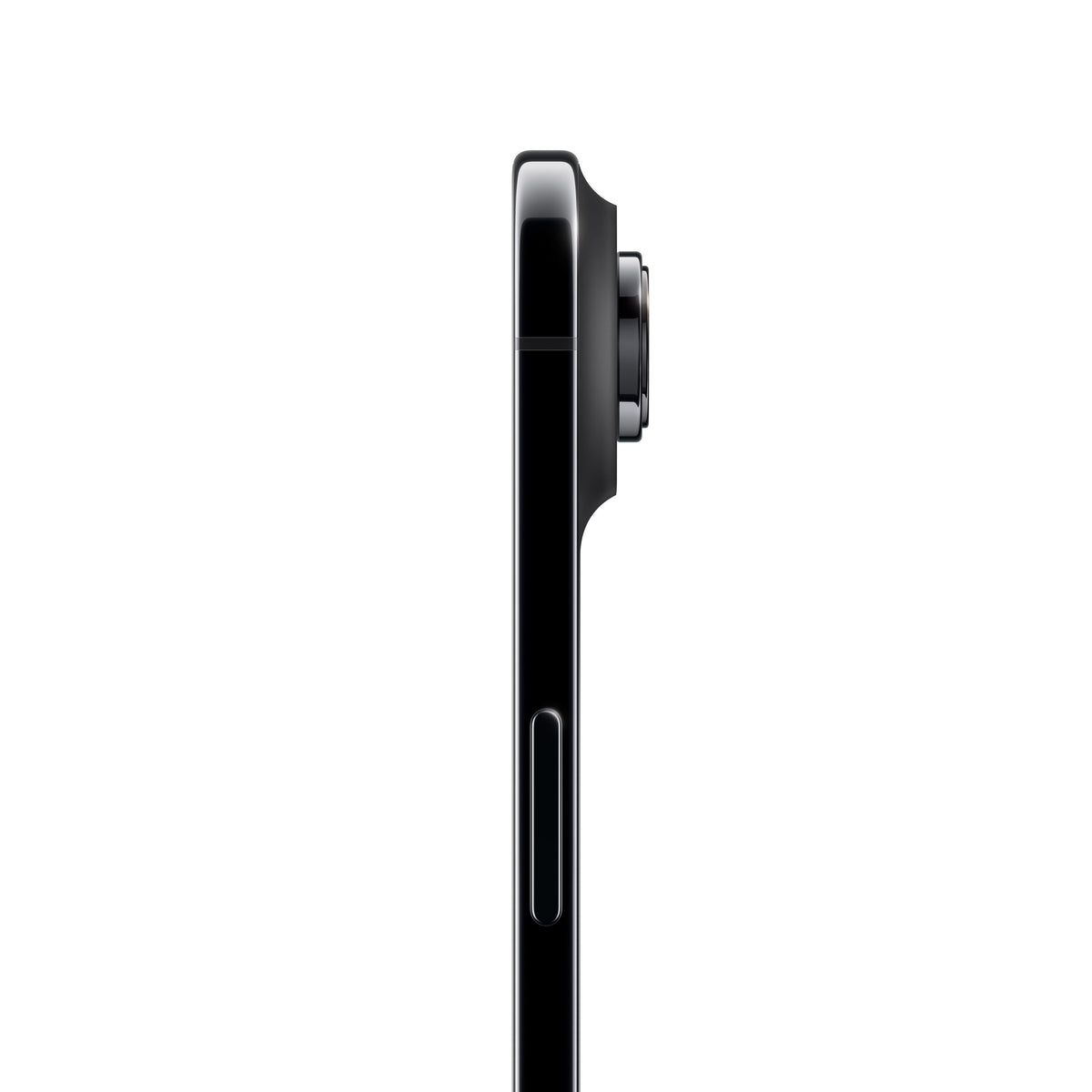 A profile side view of the dark iPhone Air, highlighting its ultra-slim chassis, polished dark metal frame, side button, and the distinct protrusion of the horizontal camera plateau and single lens on the rear.
