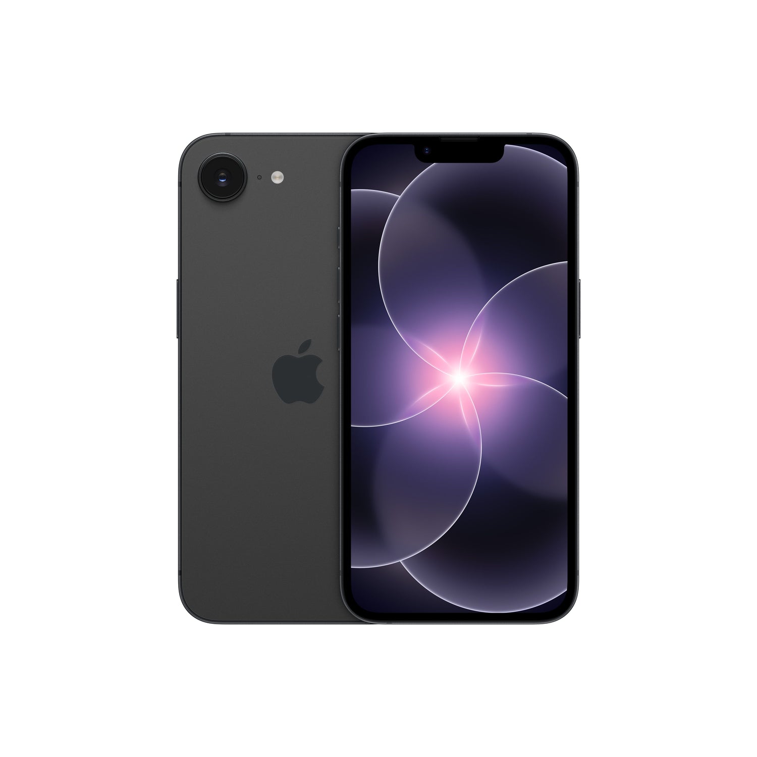 A dark-colored smartphone displayed from both the front and back, featuring a single-lens rear camera with an adjacent flash, a centered Apple logo, and a front display with a top notch and a glowing purple abstract floral wallpaper.