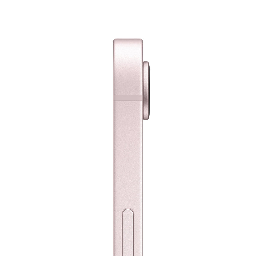 A side profile view of the pink smartphone, showing the side button and the protruding lens of the single rear camera system.