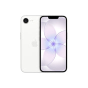 A white smartphone displayed from both the front and back, featuring a single-lens rear camera with an adjacent flash, a centered Apple logo, and a front display with a top notch and a light purple floral abstract wallpaper.