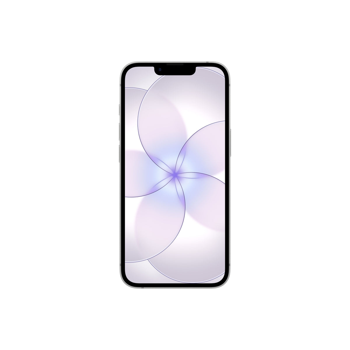 A front-facing view of a white smartphone featuring an edge-to-edge display with a top notch and a light purple floral abstract wallpaper.