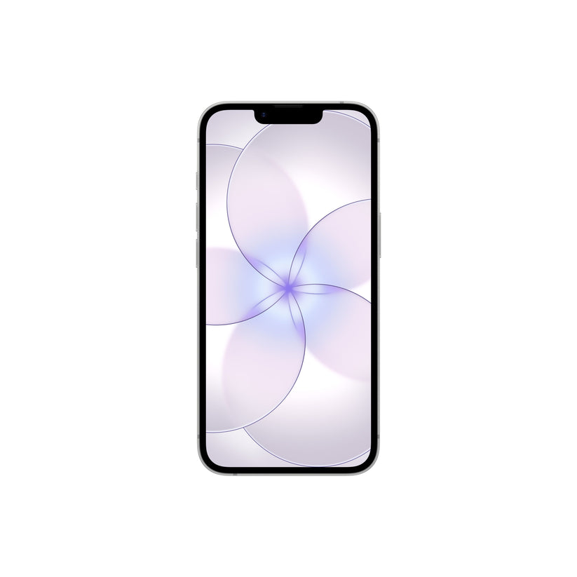 A front-facing view of a white smartphone featuring an edge-to-edge display with a top notch and a light purple floral abstract wallpaper.