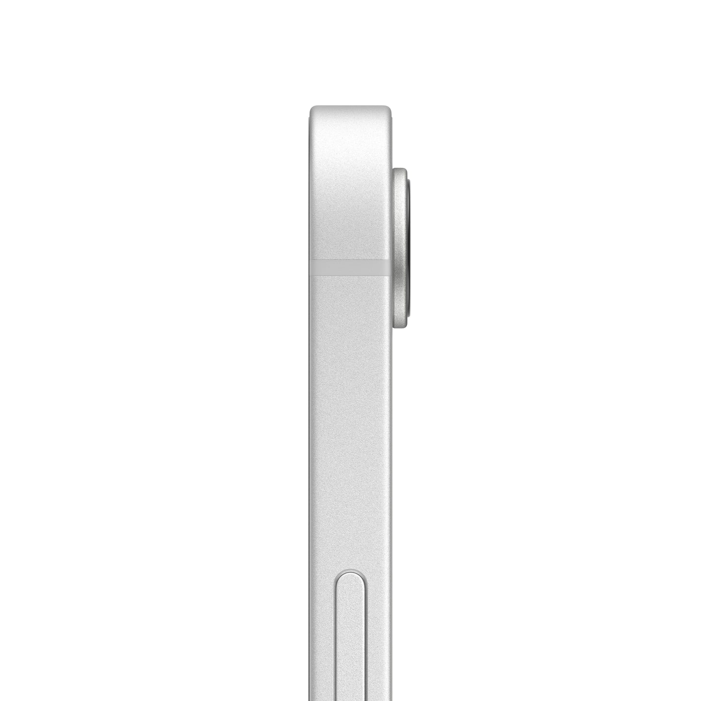 A side profile view of the white smartphone, showing the side button and the protruding lens of the single rear camera system.