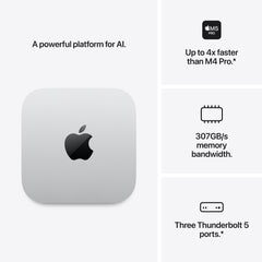 A promotional panel for the Mac mini highlighting its features: it is a powerful platform for AI, delivers performance up to 4.8x faster than the M4, offers up to 170GB/s memory bandwidth, and provides up to 2x faster storage.
