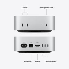 Front Ports & Indicators: Features two USB-C ports, an indicator light, and a headphone jack.

Back Ports: Equipped with a power connection, an Ethernet port, an HDMI port, and three Thunderbolt 4 ports.
