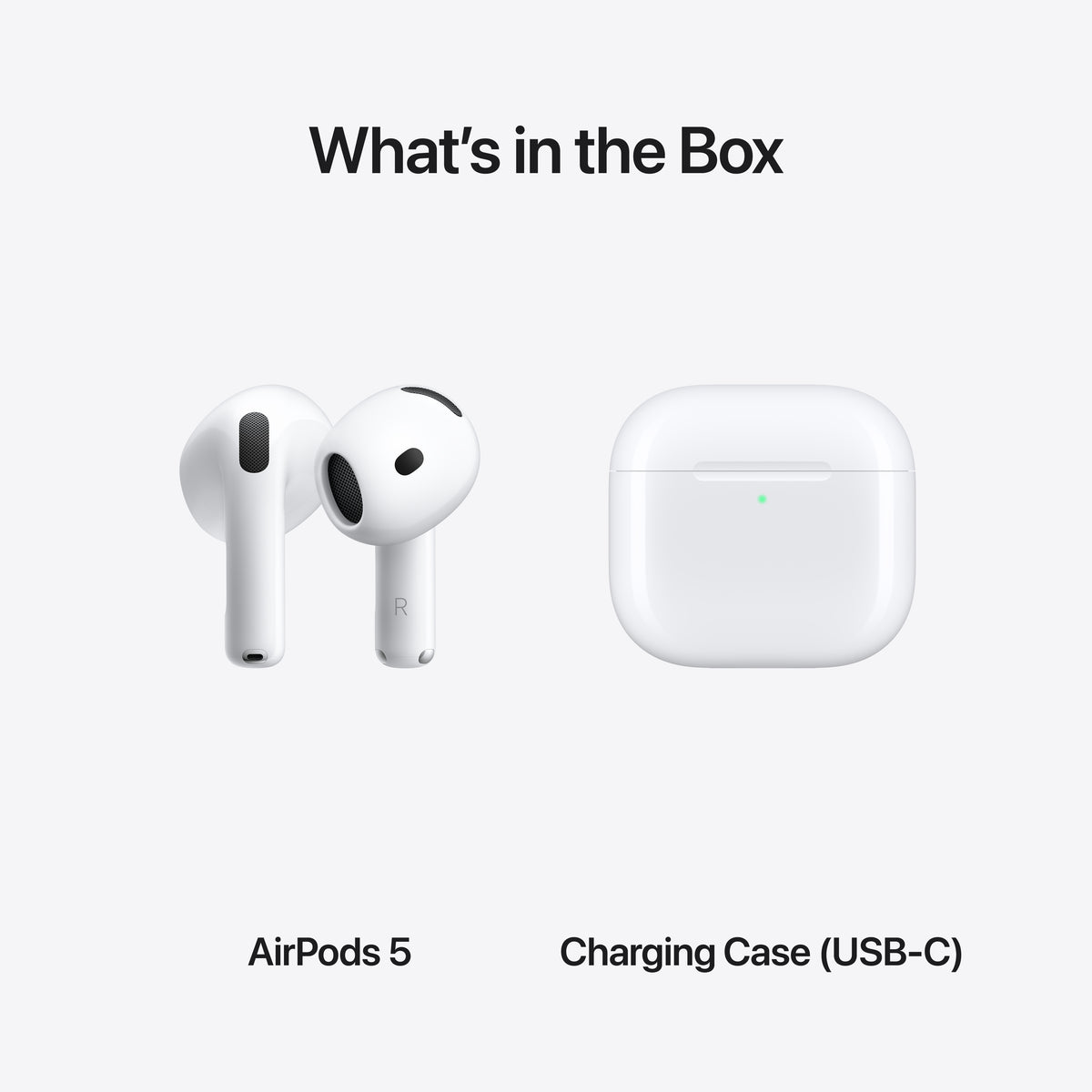 Box contents featuring the Apple AirPods 5 wireless earbuds alongside the charging case at Tradeline.