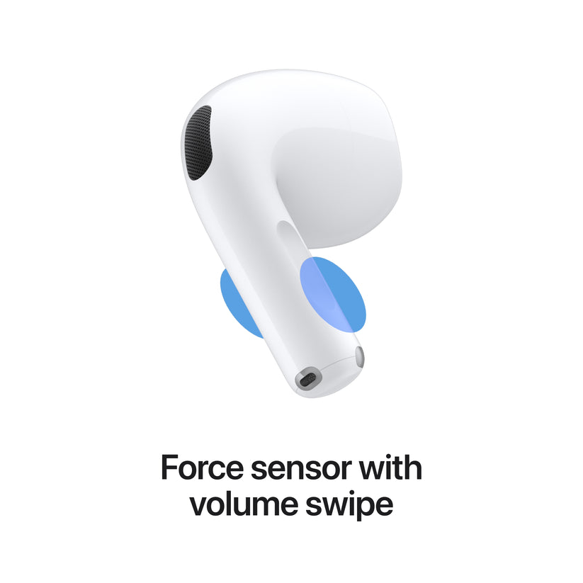 Display graphic illustrating force sensor controls and volume swipe feature on Apple AirPods 5 with Wireless Charging Case at Tradeline.