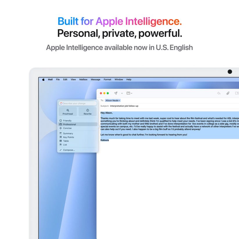 Demonstration graphic highlighting Apple Intelligence features on 24-inch iMac M4 256GB Blue at Tradeline.