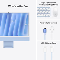 Package items layout featuring power cord, USB-C cable, matching blue Magic Keyboard, and Magic Mouse at Tradeline.