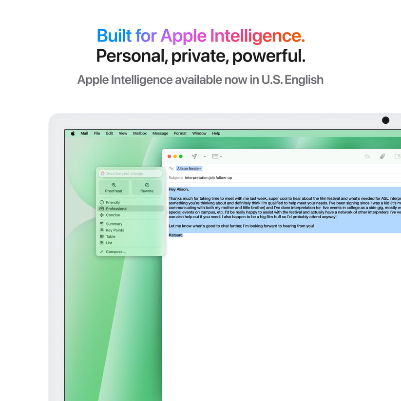 On-screen graphic highlighting Apple Intelligence features on 24-inch iMac M4 256GB Green at Tradeline.
