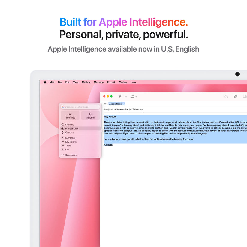 Visual demonstration of Apple Intelligence workflows on 24-inch iMac M4 256GB Pink at Tradeline.