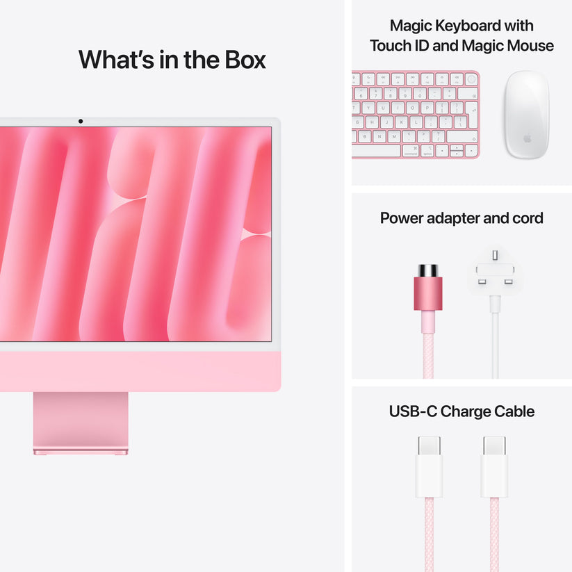 Complete retail package showing power cord, USB-C cable, pink Magic Keyboard, and Magic Mouse at Tradeline.