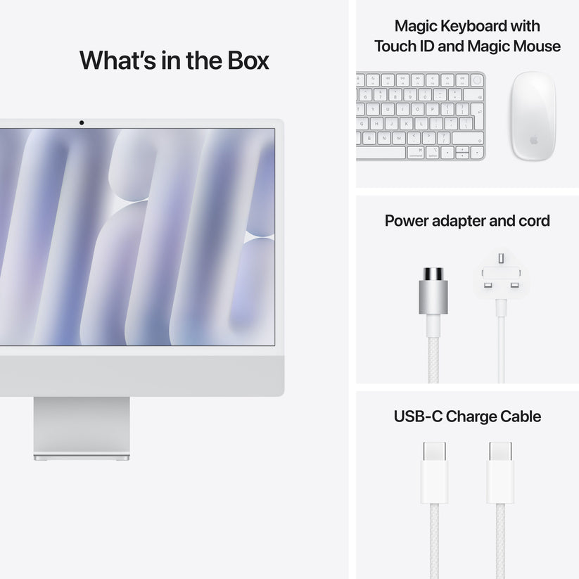 Out-of-box components layout including power cord, USB-C cable, Magic Keyboard, and Magic Mouse at Tradeline.