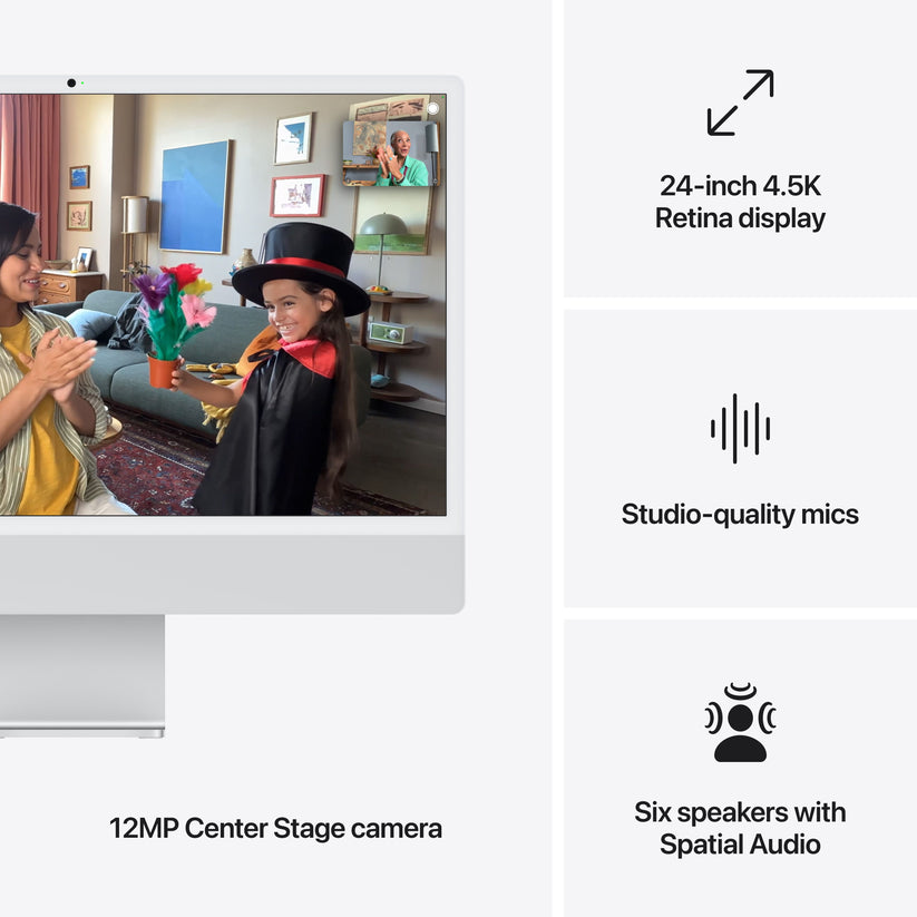 Feature diagram detailing built-in speakers, studio microphones, and Center Stage tracking on iMac Silver at Tradeline.