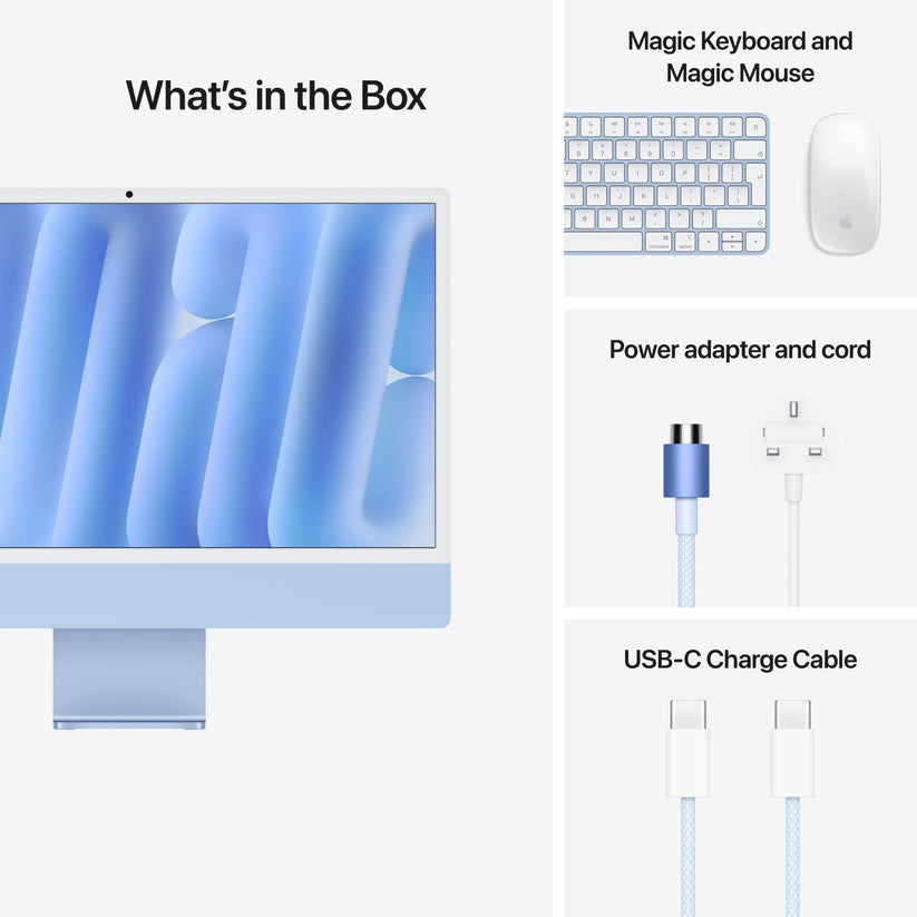 Out-of-box components featuring power cord, USB-C cable, Magic Mouse, and Magic Keyboard for 24-inch iMac Blue at Tradeline.