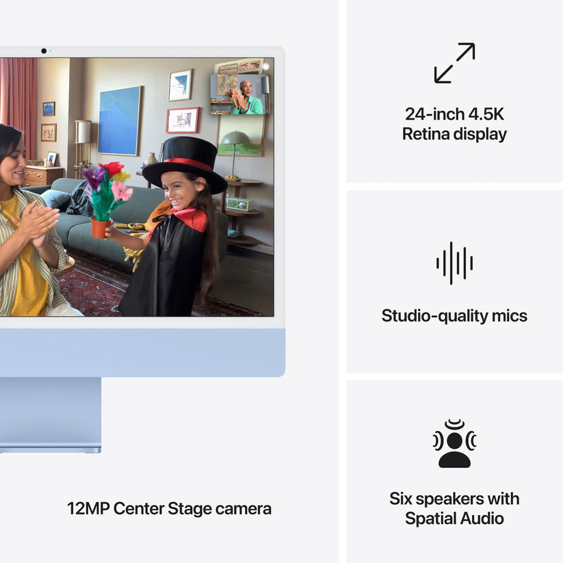 Overview highlighting studio mics, multi-speaker sound system, and Center Stage camera on 24-inch iMac Blue at Tradeline.