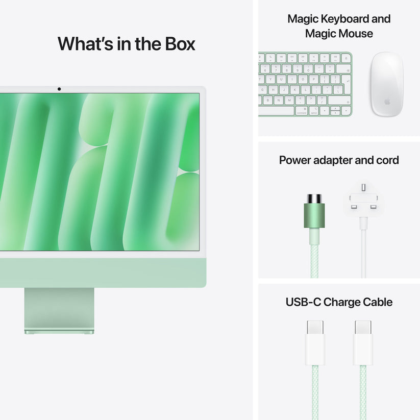 Package contents detailing the power cord, USB-C cable, green Magic Keyboard, and Magic Mouse at Tradeline.