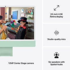 Feature overview highlighting high-fidelity speakers, studio mics, and Center Stage camera on iMac Green at Tradeline.