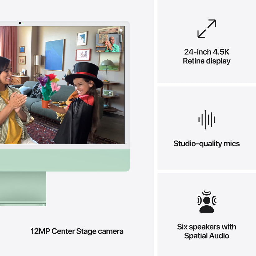 Feature overview highlighting high-fidelity speakers, studio mics, and Center Stage camera on iMac Green at Tradeline.