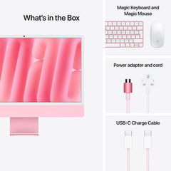 Out-of-box items showing power cord, USB-C cable, Magic Keyboard, and Magic Mouse for iMac Pink at Tradeline.