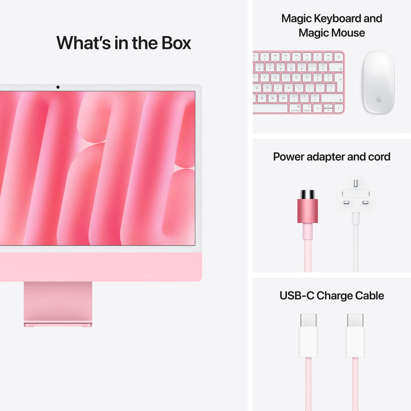 Out-of-box items showing power cord, USB-C cable, Magic Keyboard, and Magic Mouse for iMac Pink at Tradeline.