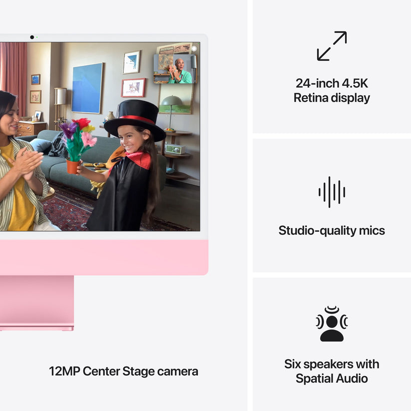 Feature panel illustrating dynamic speakers, studio microphones, and Center Stage webcam on iMac Pink at Tradeline.
