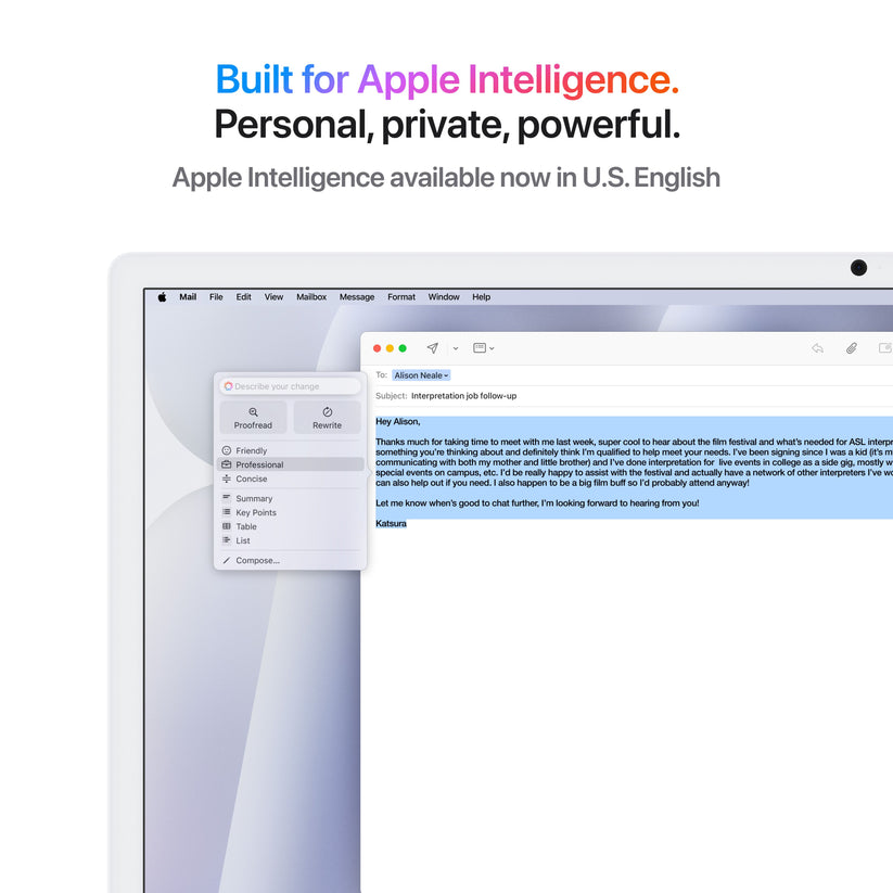 Infographic of Apple Intelligence performance on the 24-inch iMac M4 256GB Silver from Tradeline.