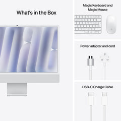 Unboxing view showing power cord, USB-C charging cable, Magic Keyboard, and Magic Mouse for 24-inch iMac Silver at Tradeline.