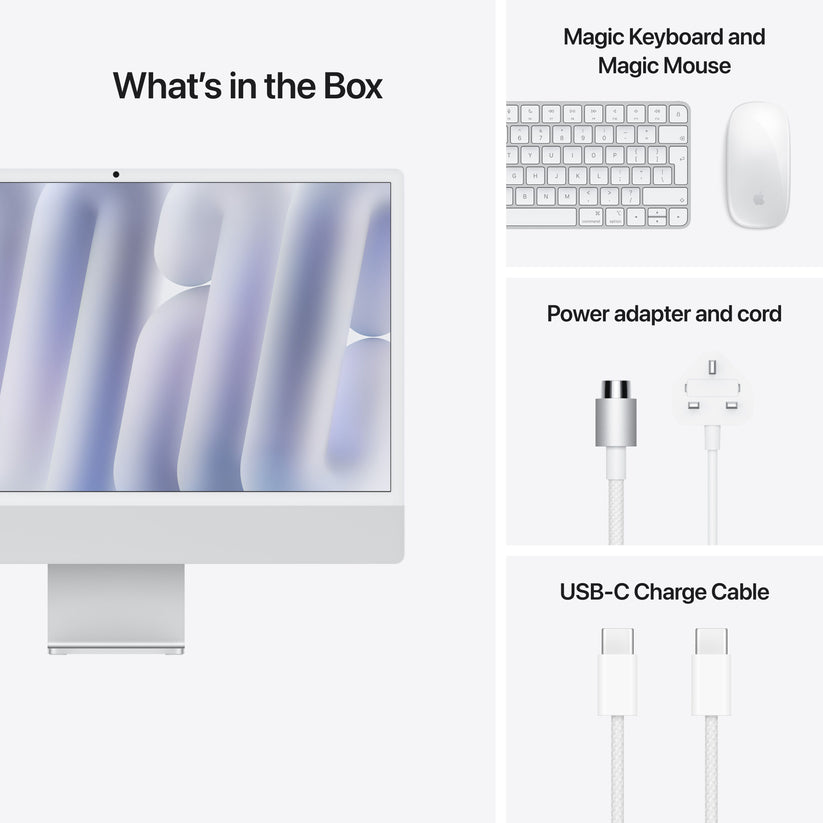 Unboxing view showing power cord, USB-C charging cable, Magic Keyboard, and Magic Mouse for 24-inch iMac Silver at Tradeline.