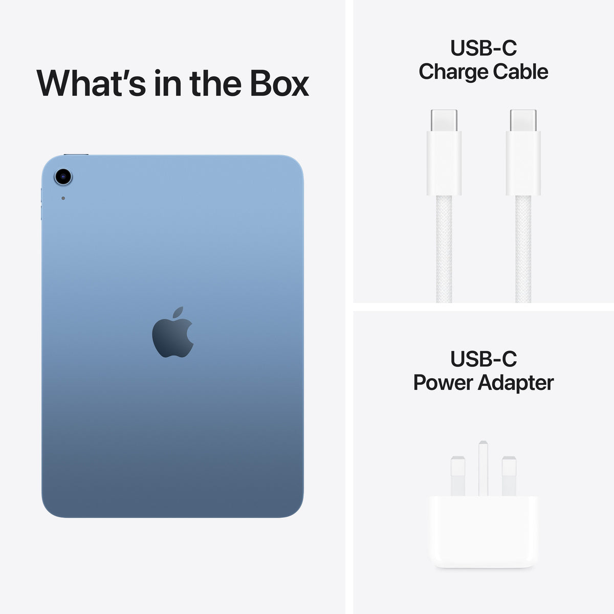 Original box contents with power adapter and charging cable for Apple iPad A16 256GB Blue at Tradeline.
