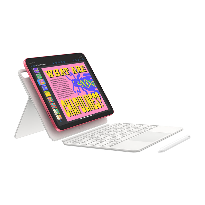 Apple iPad A16 Wi-Fi 256GB Pink docked with Magic Keyboard and Apple Pencil at Tradeline.