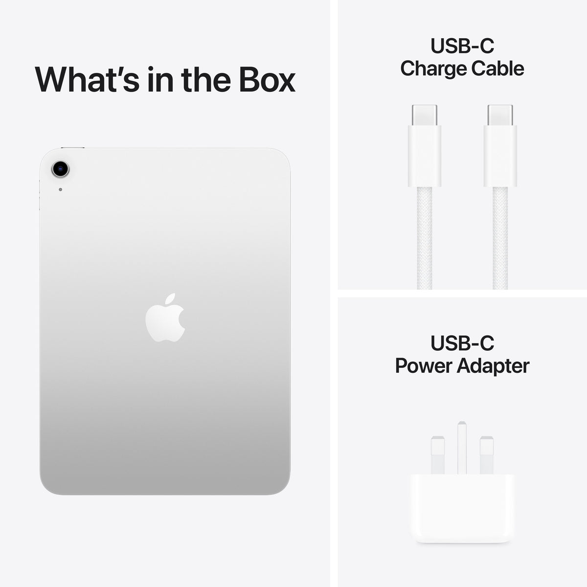 Retail box contents with charging cable and power adapter for Apple iPad A16 256GB Silver at Tradeline.