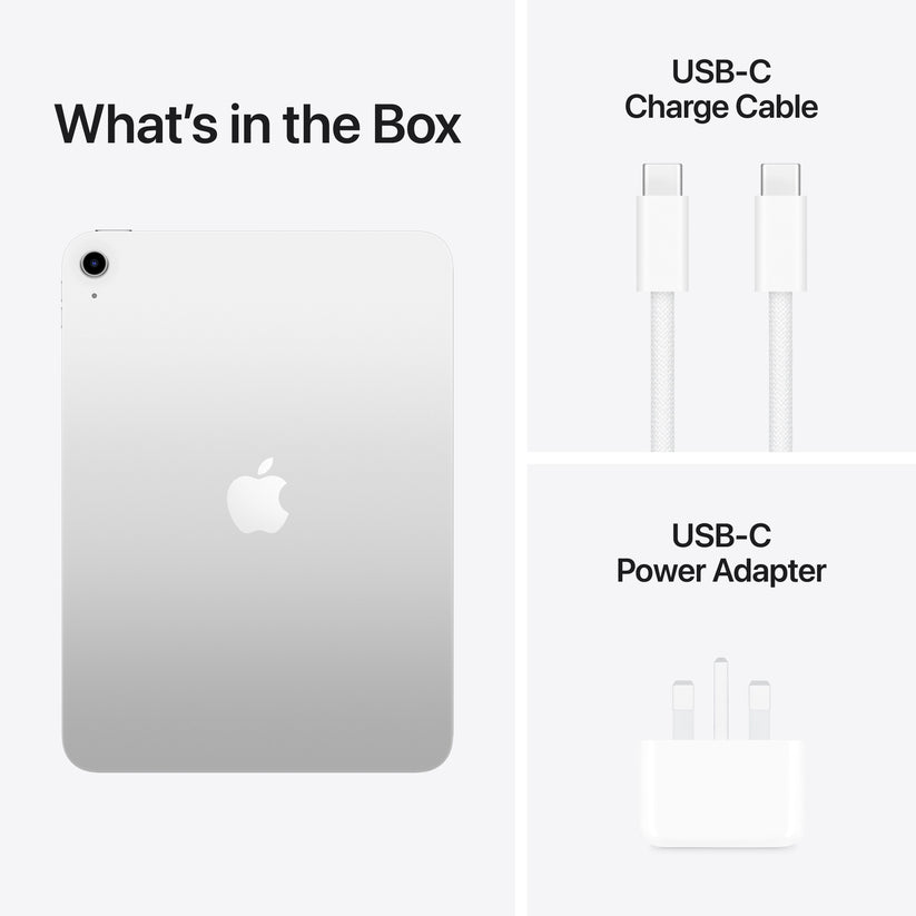 Retail box contents with charging cable and power adapter for Apple iPad A16 256GB Silver at Tradeline.