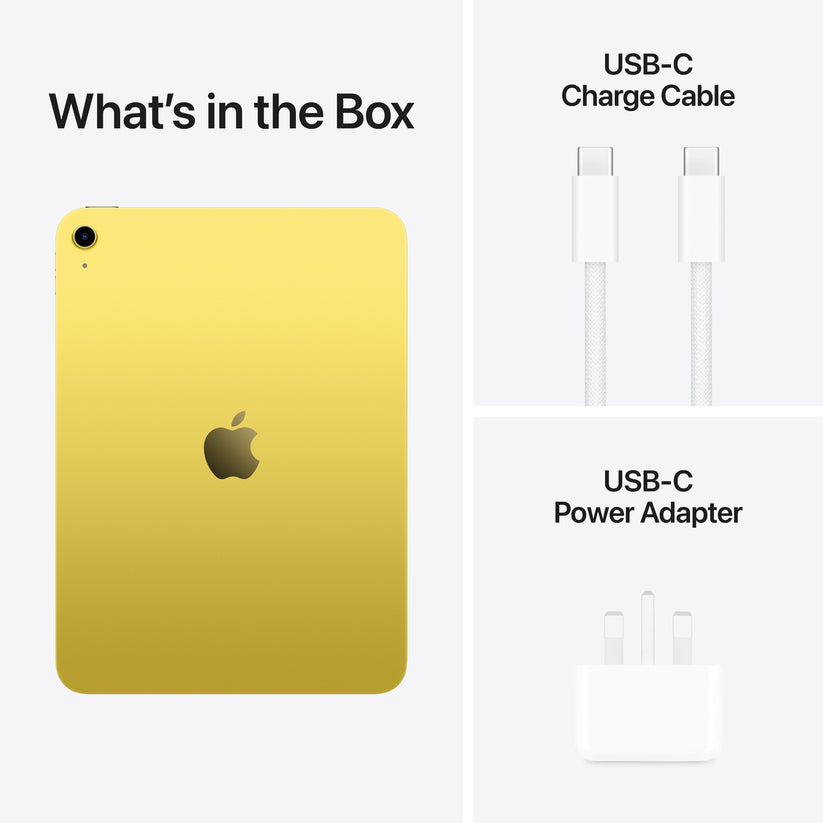 Out-of-box accessories showing USB cable and power adapter for Apple iPad A16 256GB Yellow at Tradeline.