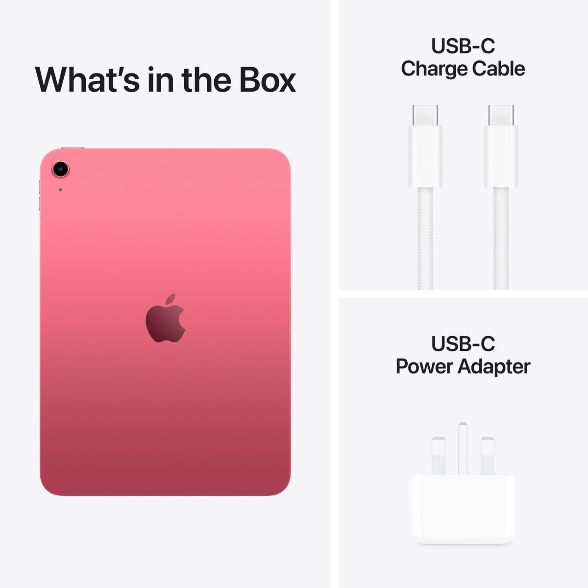 Package contents displaying included USB charging cable and adapter for Apple iPad A16 512GB Pink at Tradeline.