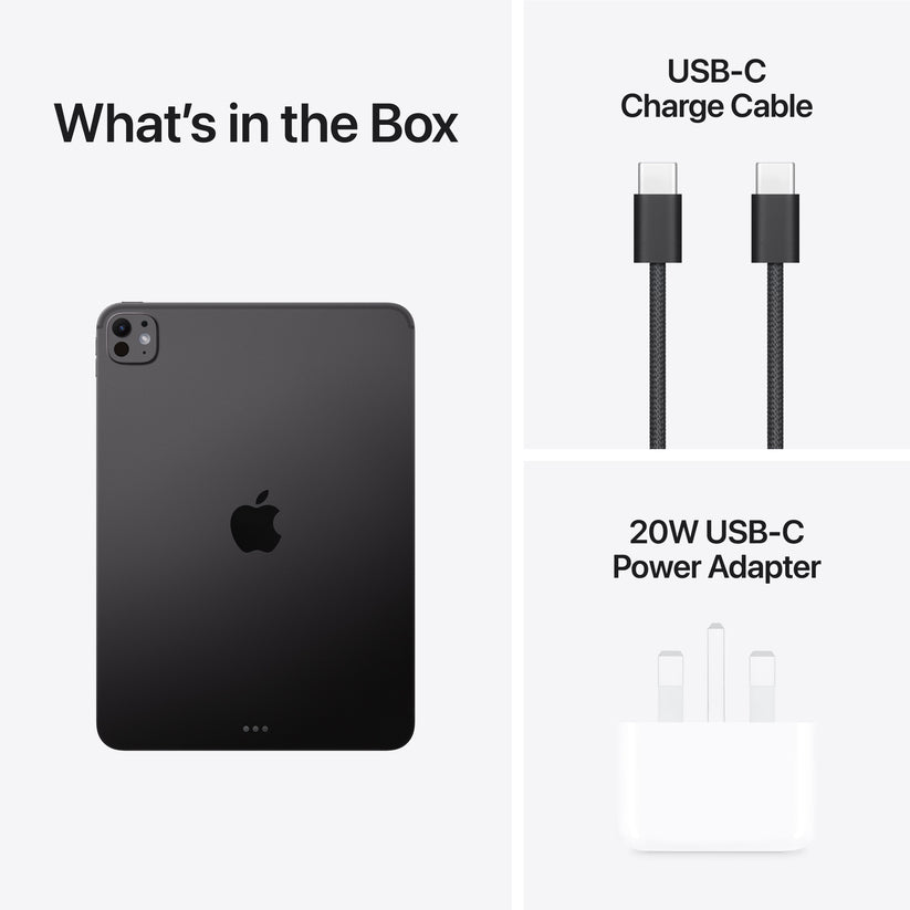 Box unboxing items including power adapter and cable for Apple iPad Pro M5 11-inch 256GB Space Black at Tradeline.
