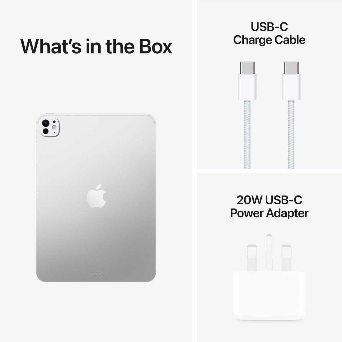 Box contents with USB-C charging cable and power adapter for Apple iPad Pro M5 11-inch 2TB Silver at Tradeline.