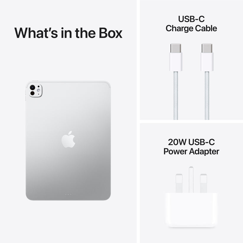 Box contents with USB-C charging cable and power adapter for Apple iPad Pro M5 11-inch 2TB Silver at Tradeline.