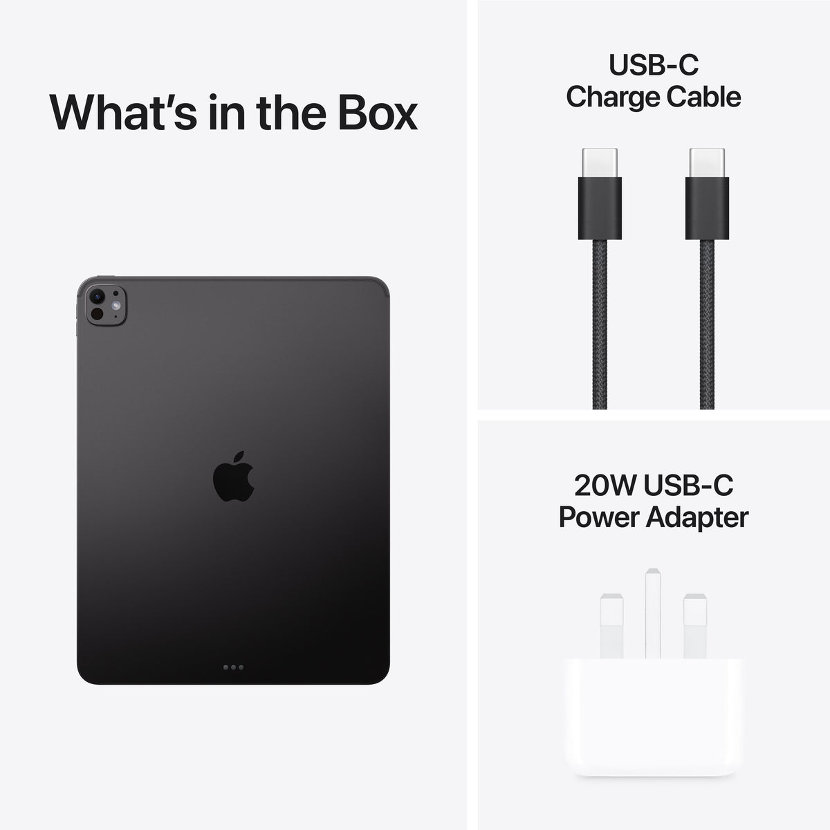 Package contents with power adapter and USB-C cable for Apple iPad Pro M5 13-inch 1TB Space Black at Tradeline.