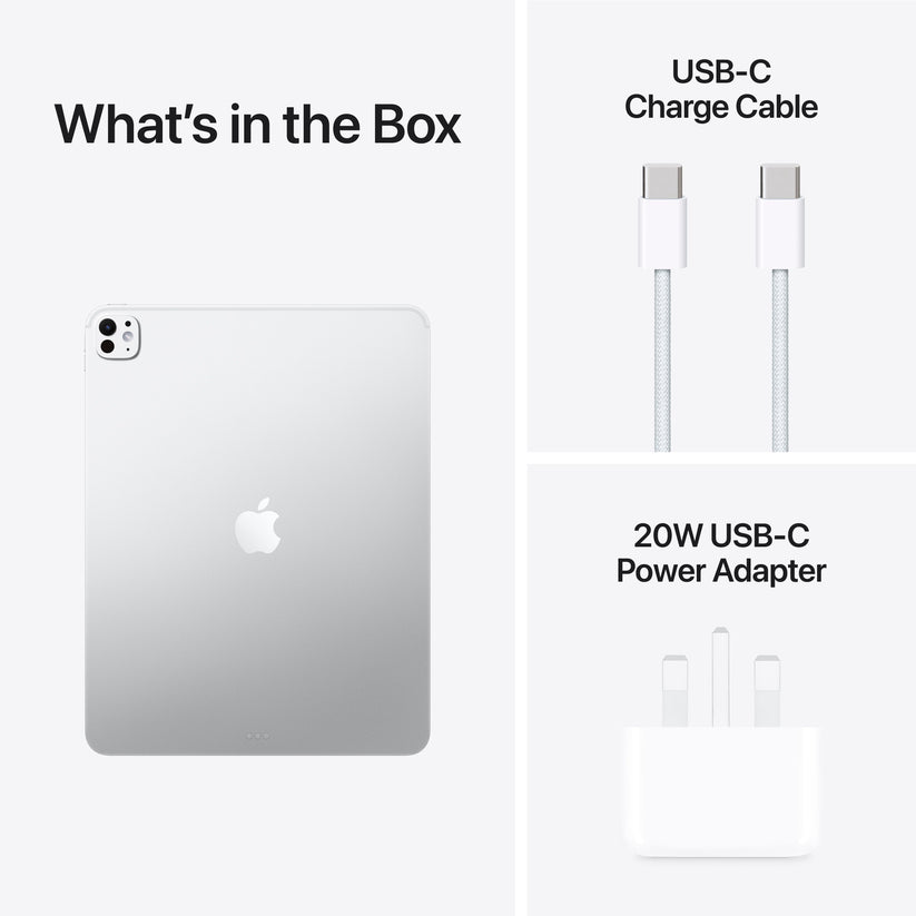 Included accessories featuring cable and charging adapter for Apple iPad Pro M5 13-inch 2TB Silver at Tradeline.