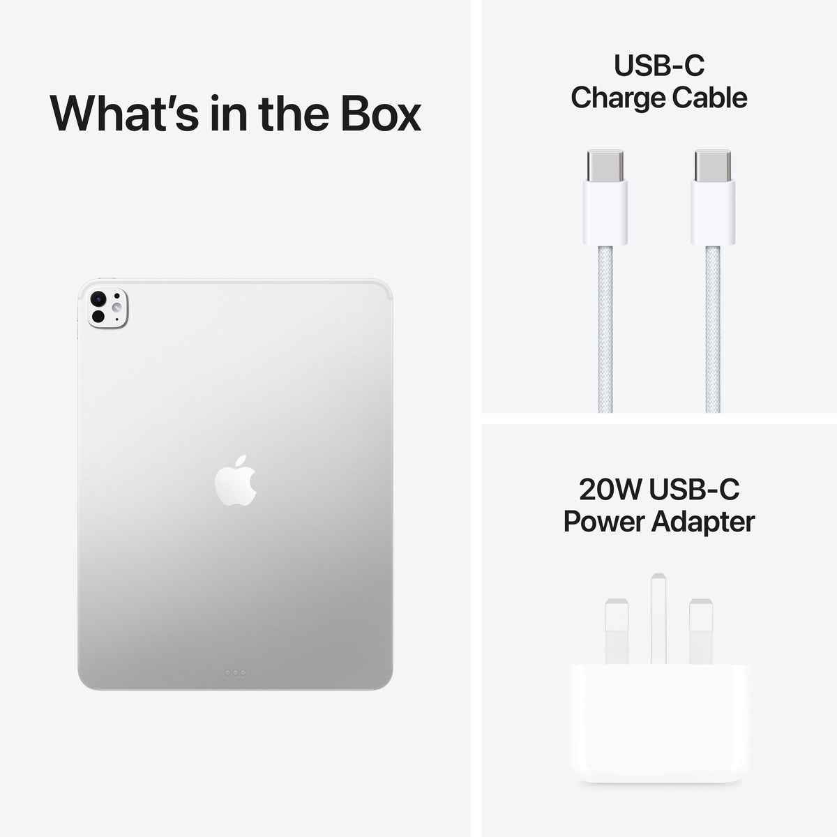 Out of box view featuring cable and adapter for Apple iPad Pro M5 13-inch 512GB Silver at Tradeline.