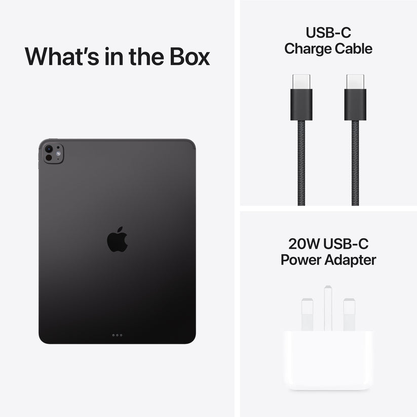 Included charger adapter and USB cable for Apple iPad Pro M5 13-inch 512GB Space Black at Tradeline.