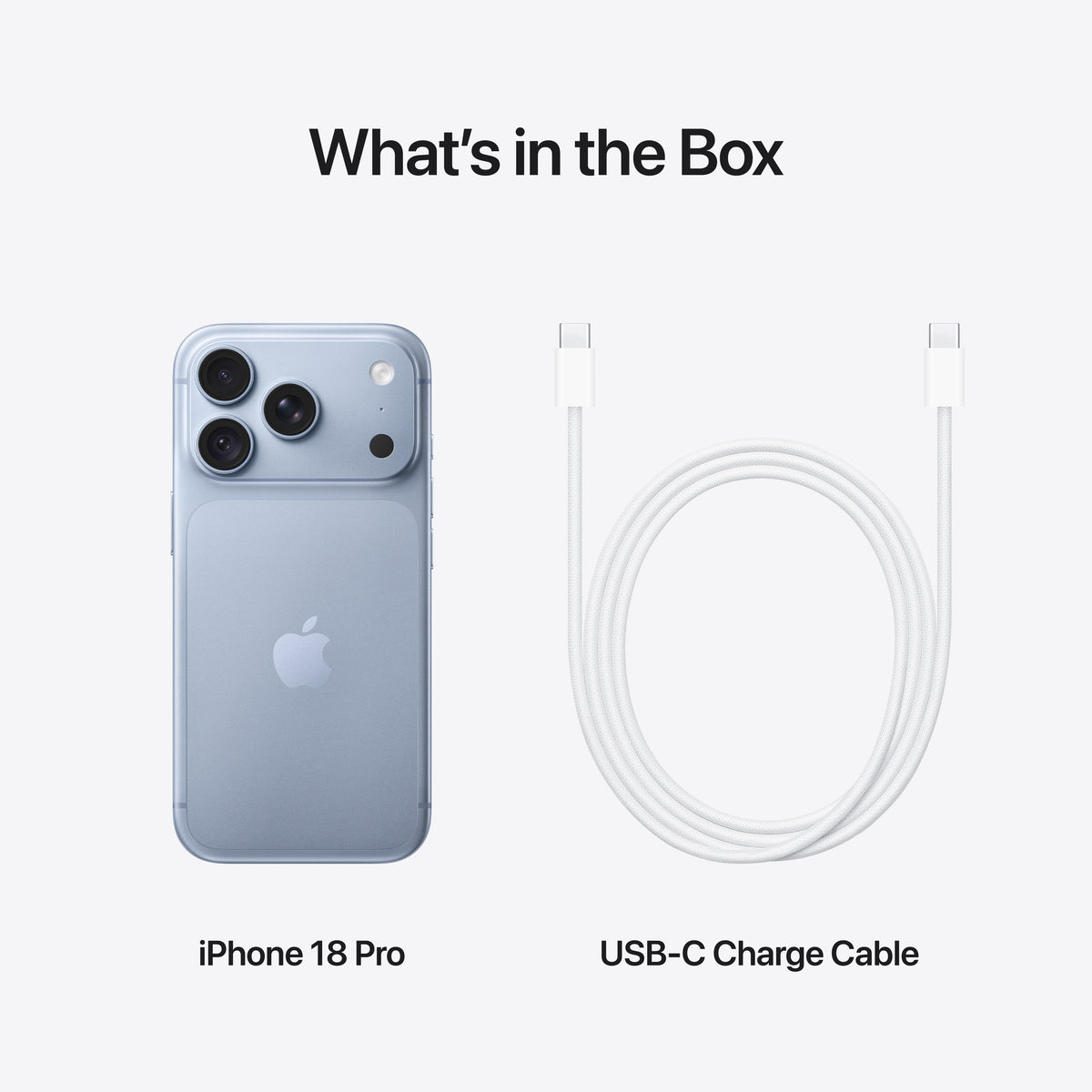 Included contents featuring Apple iPhone 18 Pro 256GB Glacier and USB-C charging cable at Tradeline.
