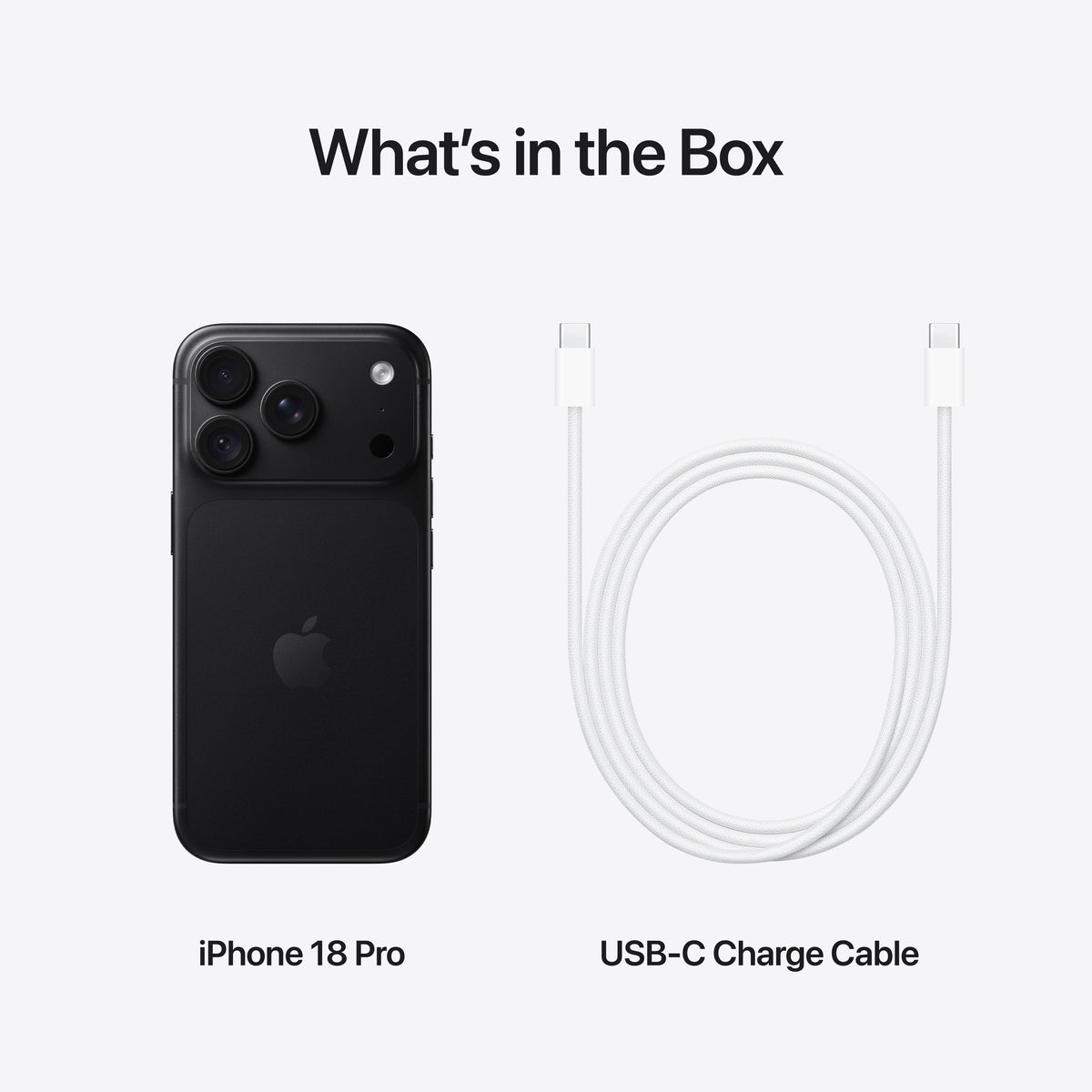 Packaging preview showing the Apple iPhone 18 Pro 2TB Black with USB-C cable at Tradeline.