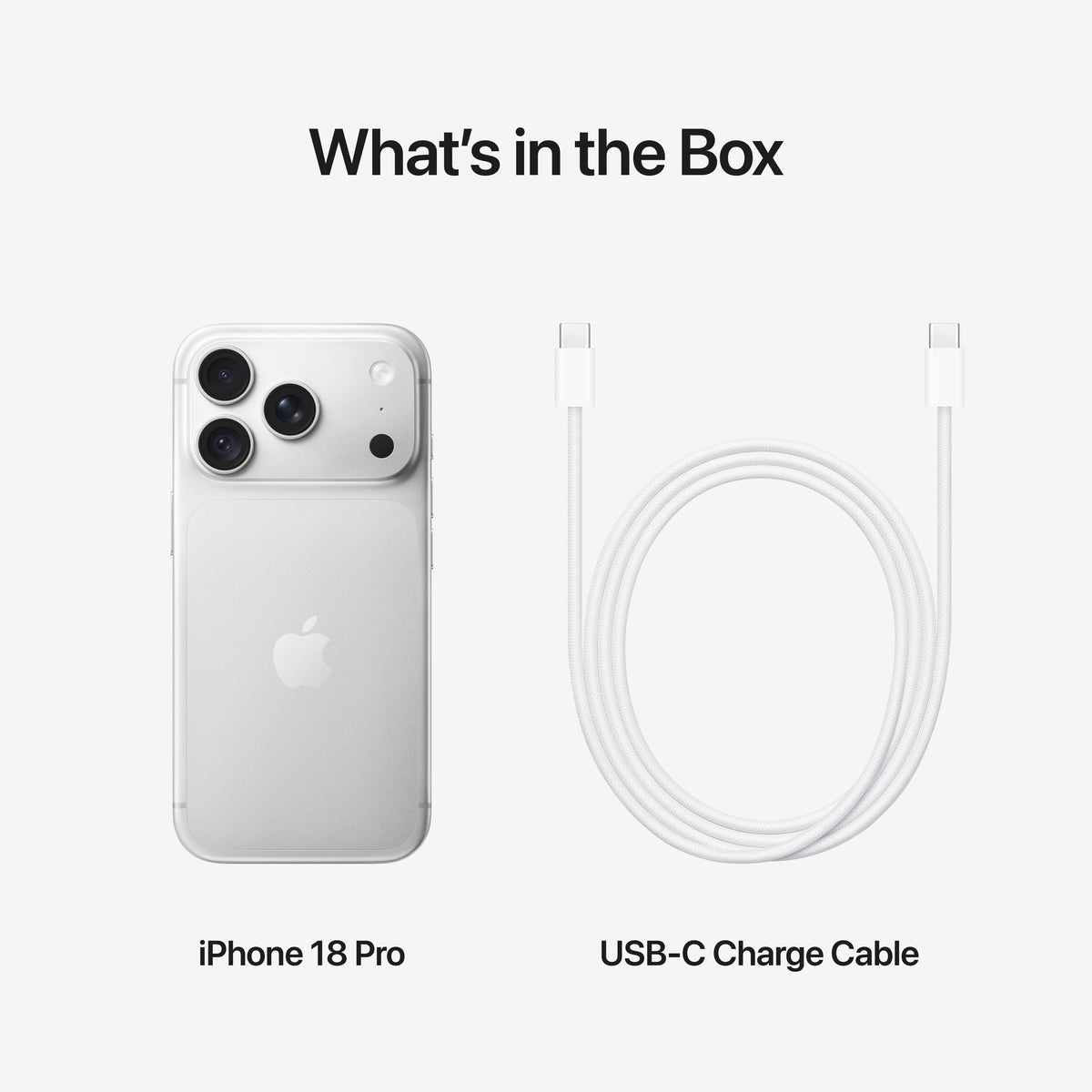 Unboxed retail package containing Apple iPhone 18 Pro 2TB Silver and USB-C cable at Tradeline.